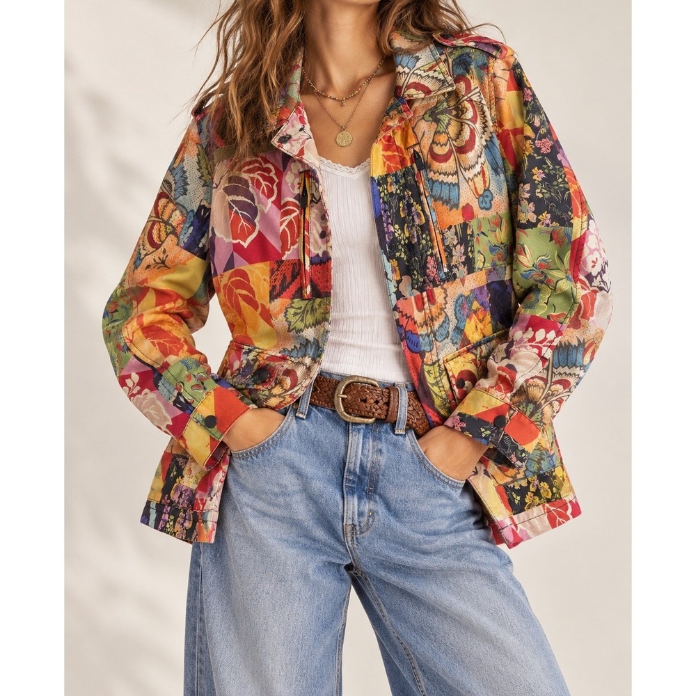 Desigual Patchwork Utility Jacket Women XL Floral Unique Artsy Boho